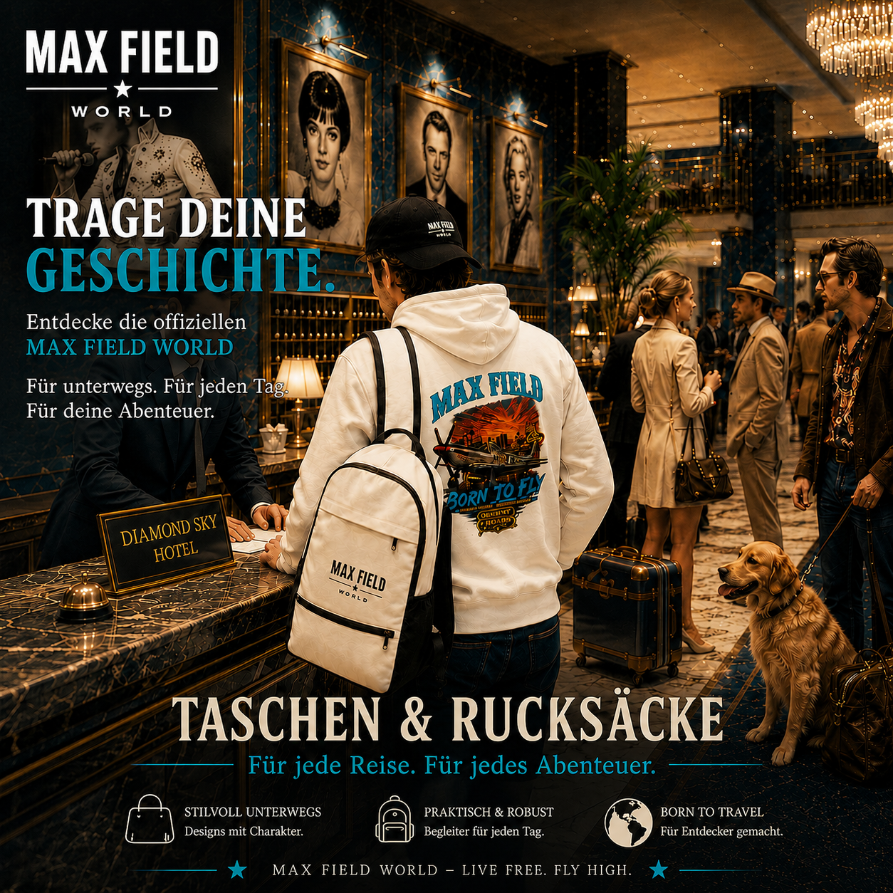 Ein Mann mit weißem Rucksack und Hoodie steht am Check-in des Diamond Sky Hotels. Um ihn herum reisen stilvoll gekleidete Gäste, ein Hund und Koffer. Im Vordergrund werden Taschen und Rucksäcke der MAX FIELD WORLD präsentiert.