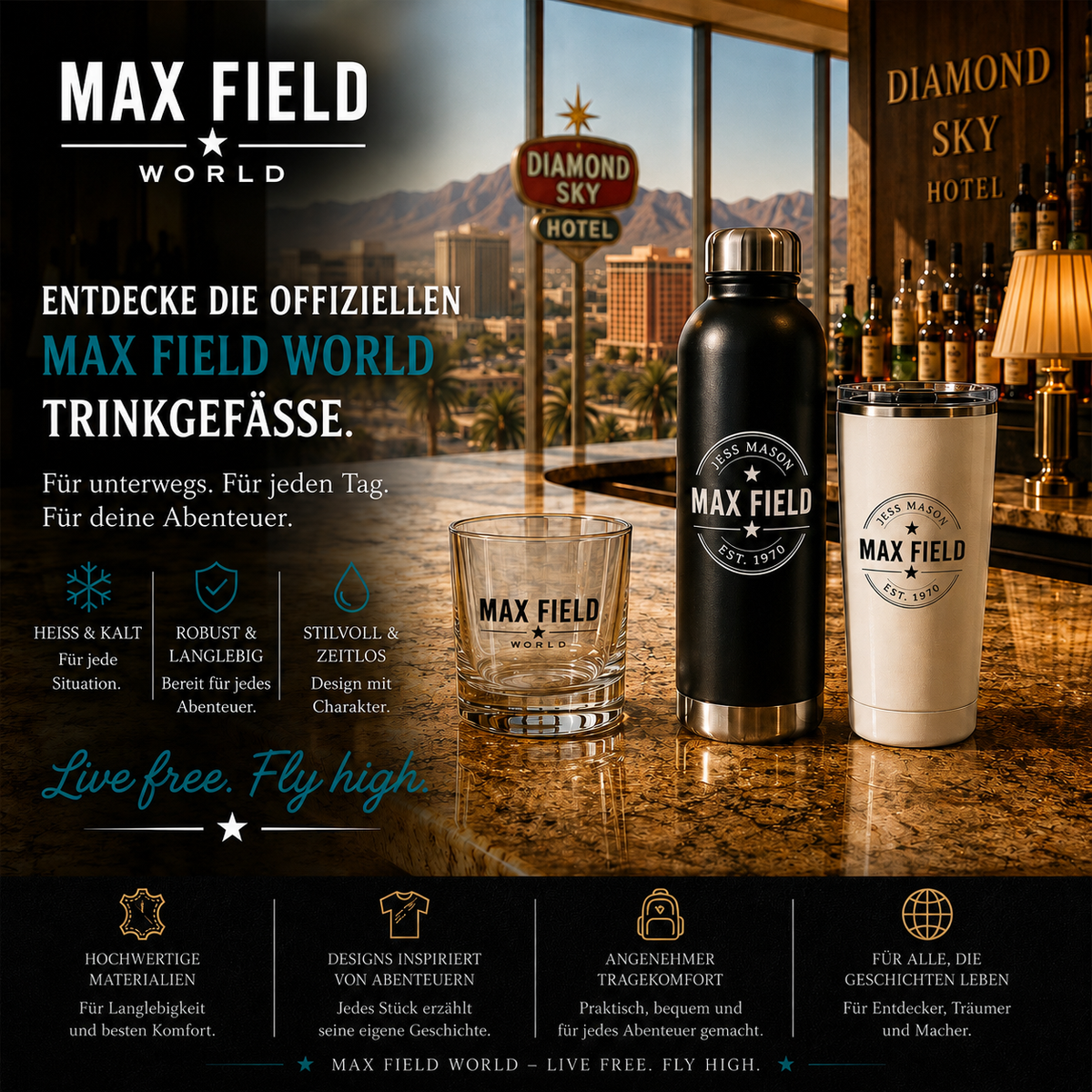 Schwarze Trinkflasche, weißer Thermobecher und Glas mit MAX FIELD WORLD Motiven stehen auf einer Hotelbar. Im Hintergrund sind das Diamond Sky Hotel und das Las Vegas der 1970er-Jahre zu sehen.