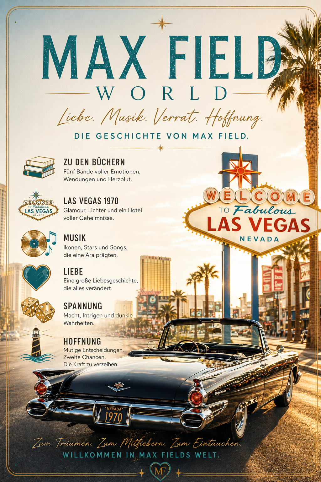 Cover des Romantic Thrillers „MAX Field – Band 1: Spur im Herzen“ von Jess Mason. Las Vegas im Jahr 1970.